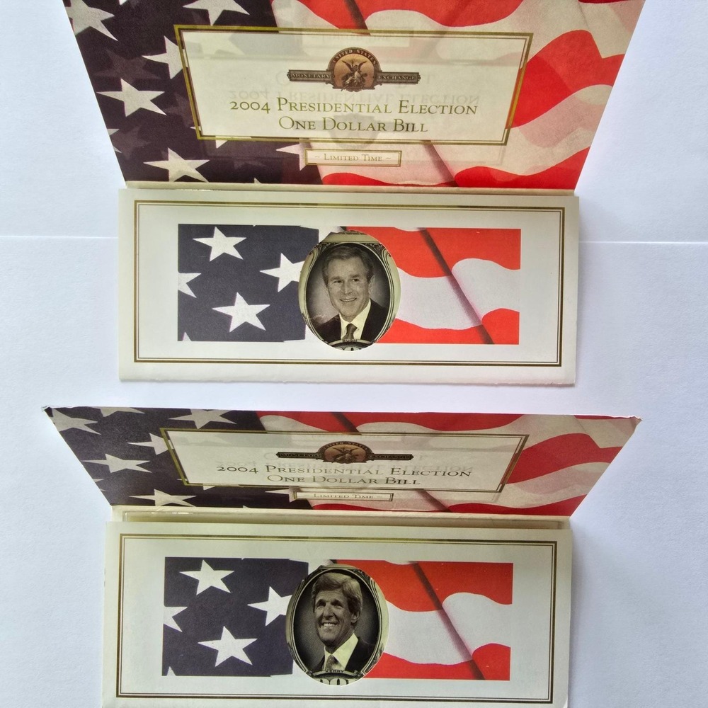 2004 Presidential Election $1 Bill Set Bush Kerry US Monetary Exchange w/ Folder